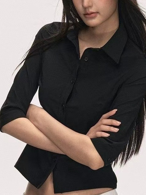 French-Style Sweet and Spicy Lapel Elastic Waist-Cinching Three-Quarter Sleeve Shirt, Regular Shoulder Fit, New Summer Model, High-End Elegant Top for Women