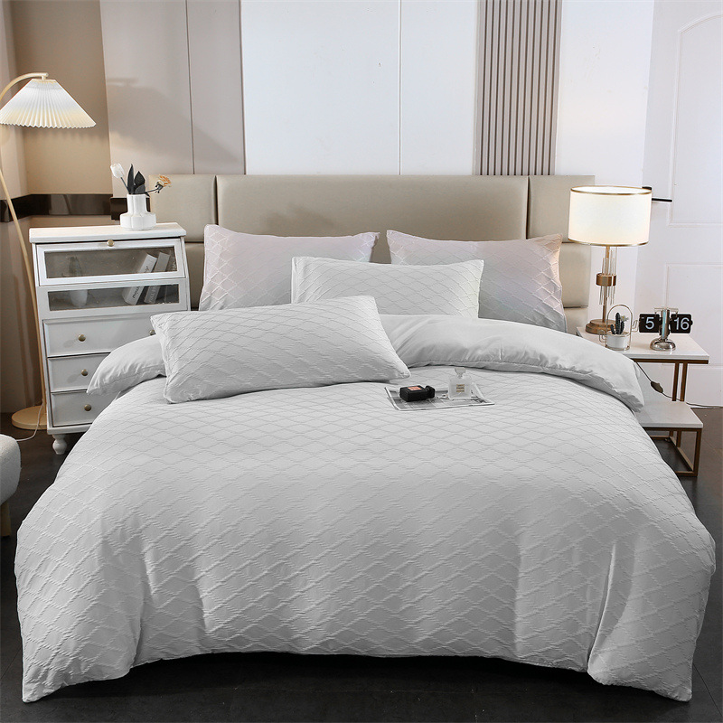 Cross-Border Shopee Pure Color Seersucker Jacquard Three-Piece Duvet Cover Set Simple Pillowcase Wholesale