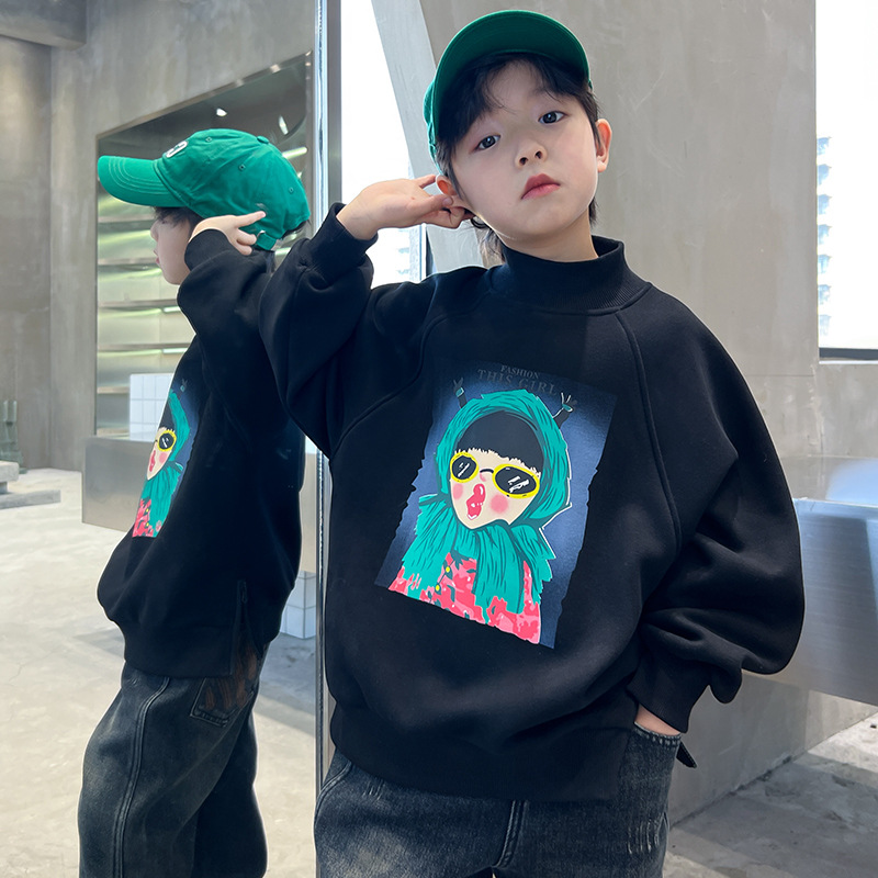 Sudadera con capucha estampada para niño para primavera y nuevo estilo 2024, conjunto para niño, camisa base de manga larga, otoño para niños de talla mediana_voghion.com