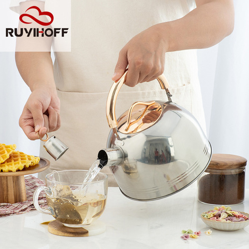 Stainless steel whistle kettle with lid, new Amazon alarm boiling kettle, golden handle, cross-border sounding kettle