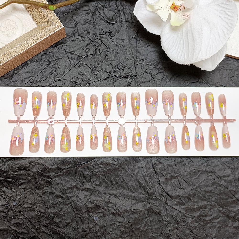 30 piezas de tamaño dividido con uñas falsas, ojos de gato, uñas largas, flores de tres colores, uñas prefabricadas, uñas