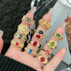 意大利中古風跨境輕奢復古彩寶鋯石戒指女歐美高級感可調節食指環