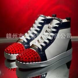 cl andgz拼色牛皮鞋头红钉高帮红底鞋男鞋铆钉情侣休闲板鞋女鞋