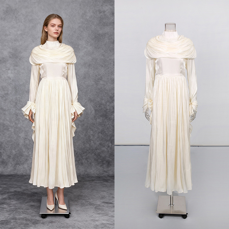 Cream White Pleated Shawl Long Dress 2026 Summer New French Style Women's Clothing with Bell Sleeves and a High-End Feel, Large Hem Dress