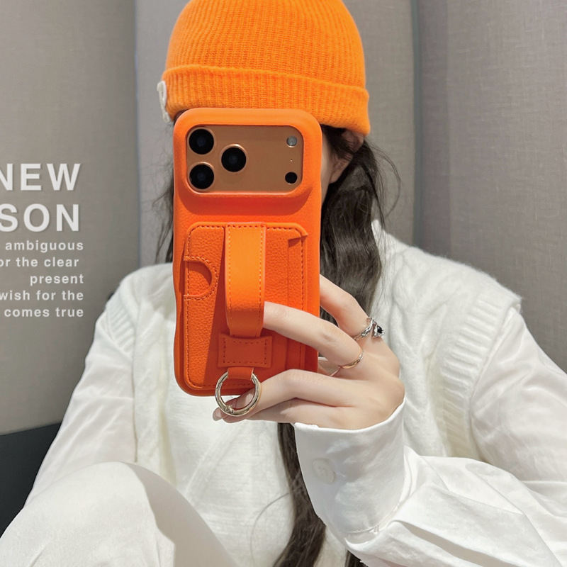 Litchi Pattern Solid Color Leather Phone Case for Apple 17 Pro Max iPhone 16 with Card Slot and Wrist Strap
