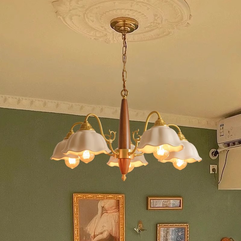 胡桃木色复古玻璃吊灯日式侘寂风中古vintage卧室客厅北欧实木灯