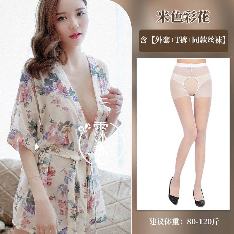 베이지색 꽃무늬 + 흰색 가랑이 없는 양말