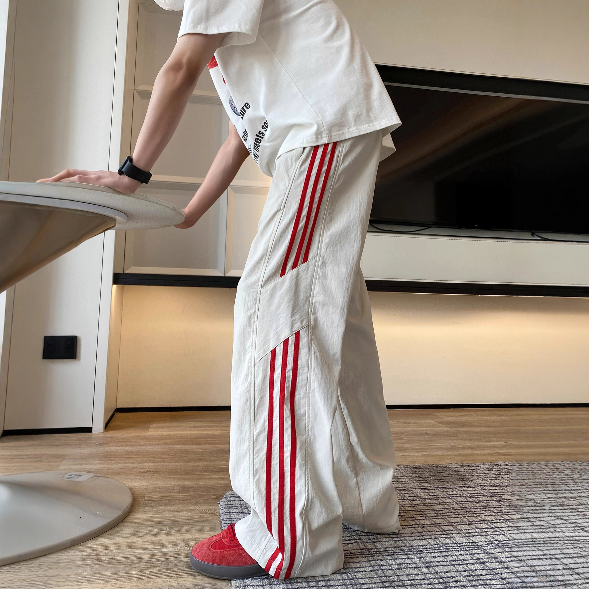 American Three-Stripe Quick-Dry Ice Silk Pants Men's Autumn New Sports Long Pants Loose Straight Wide-Leg Casual Pants