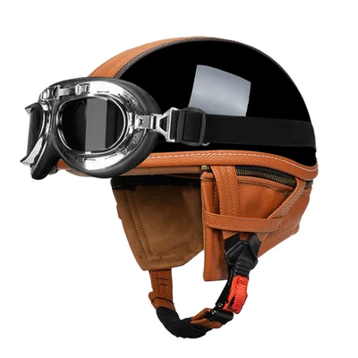 Motosiklet kaskı (dəbilqə): Scoop Helmet Adult Handmade Leather Helmet - bright-black-orange-peel-silver-frame-mirror-s