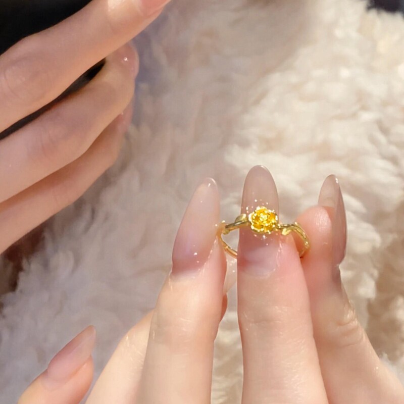 S925纯银金色玫瑰花枝戒指复古小众设计感高颜值百搭可调节指环女|undefined