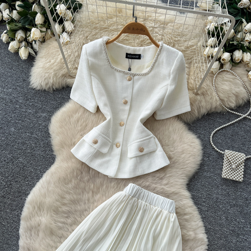 Inspired Women's Pink Two Piece Set Summer Short Sleeve High Waisted Pleated Skirt Sophisticated And Elegant_ecoleips.com