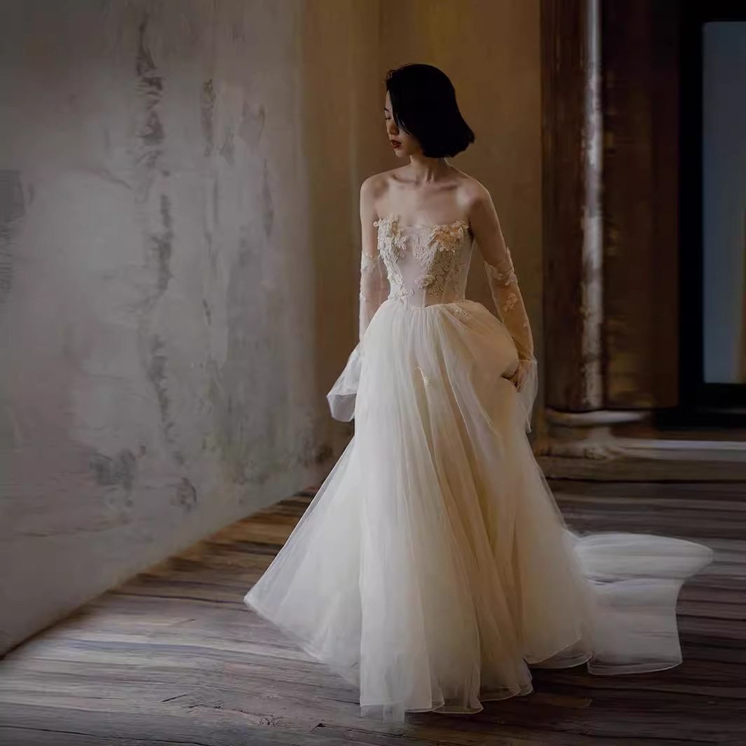 Comercio exterior brindis de pecho ligero vestido de novia arroz blanco de hadas encaje vestido de baile vestido de boda vestido de brindis vestido