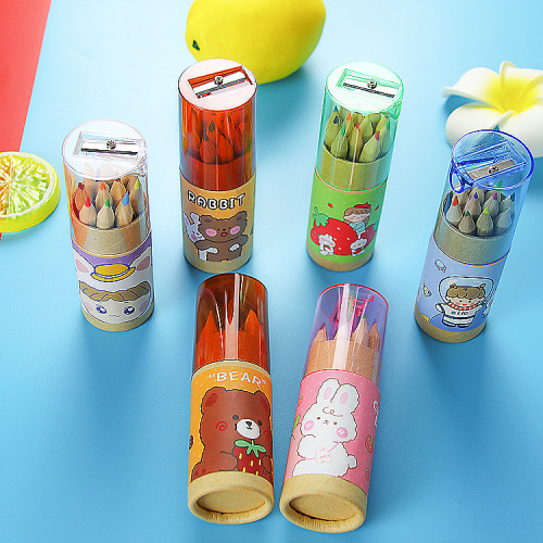 Cartoon Children's Color Pencils 12 Colors Painting Pens with Sharpener, Color Pencil Case Set Student Stationery Bamboo Pencils