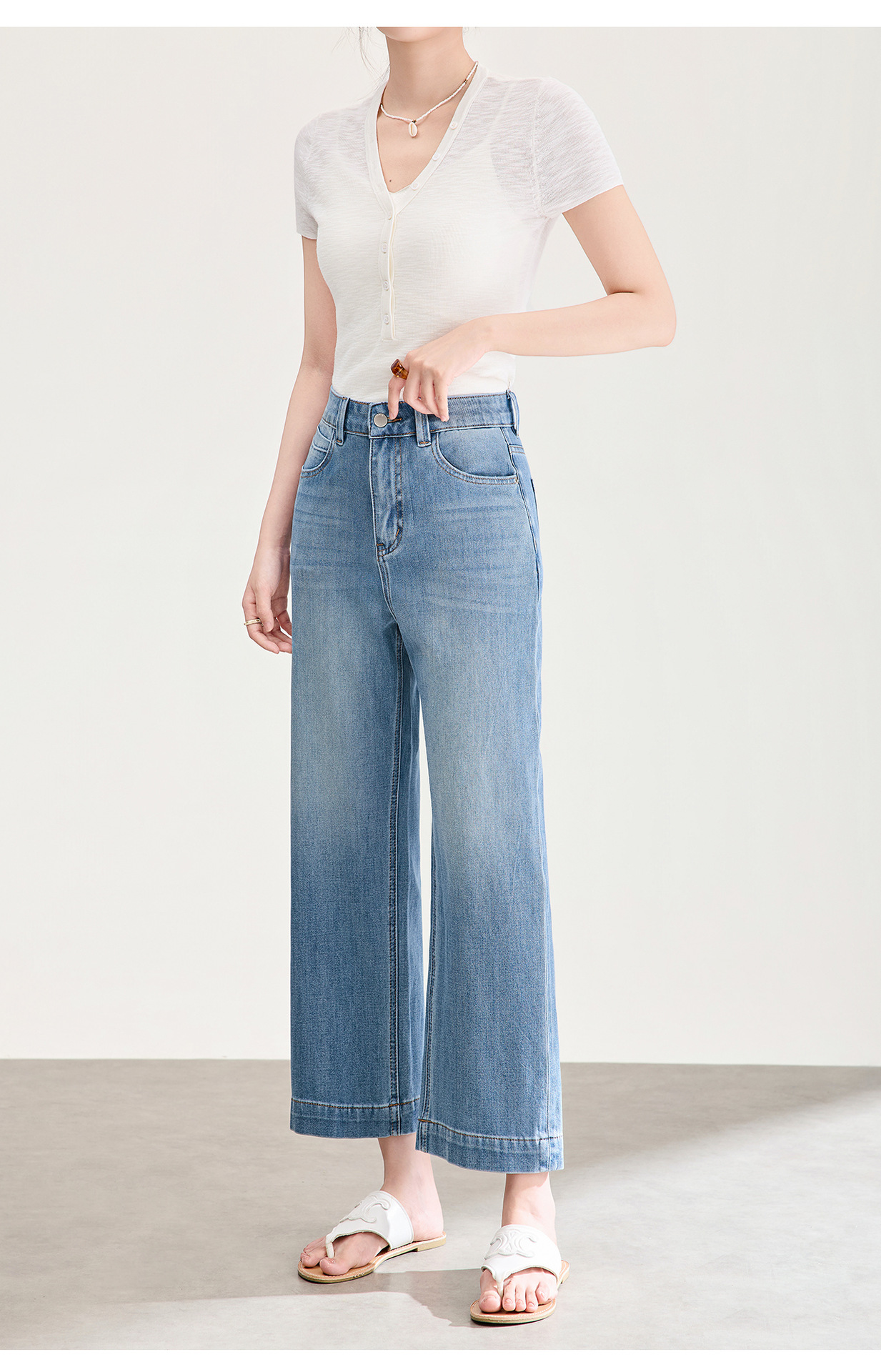 Quần jean nữ cạp cao ống rộng chất liệu cotton pha sợi co giãn mềm mại — xanh lam chi tiết 23
