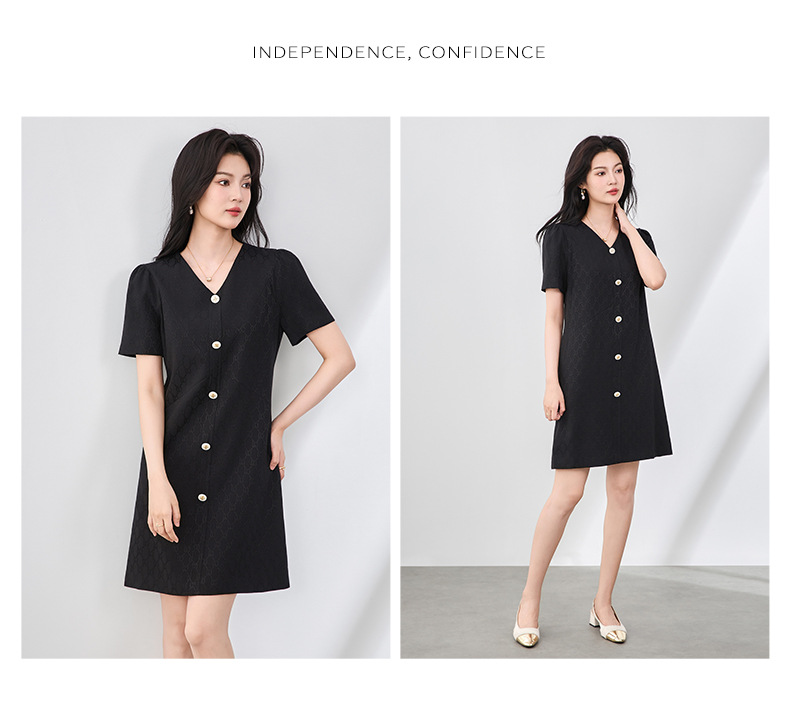 Váy chữ A tay bồng chất liệu jacquard cao cấp tôn dáng — Màu đen chi tiết 8