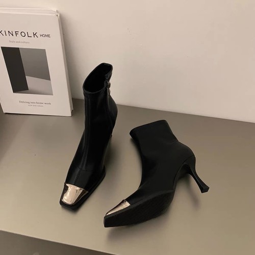 Metal Head Short Boots Women's Fine Heel High Heels Bare Boots Autumn Winter Elastic Boots Soft Leather Slim Boots
