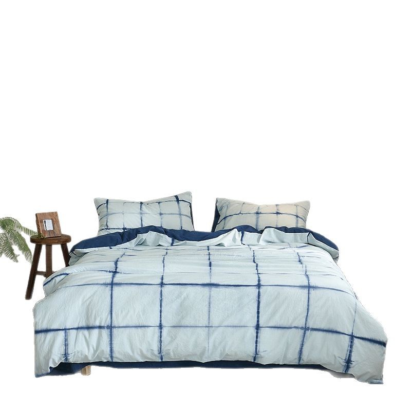 Chinesisches Baumwoll Bettwäscheset Mit Blauem Karomuster_voghion.com