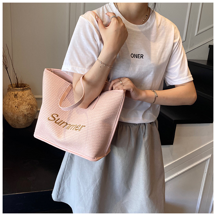 Straw woven letter large-capacity bag 2025 single-shoulder large bag for women, new beach woven summer Korean-style tote bag undefined