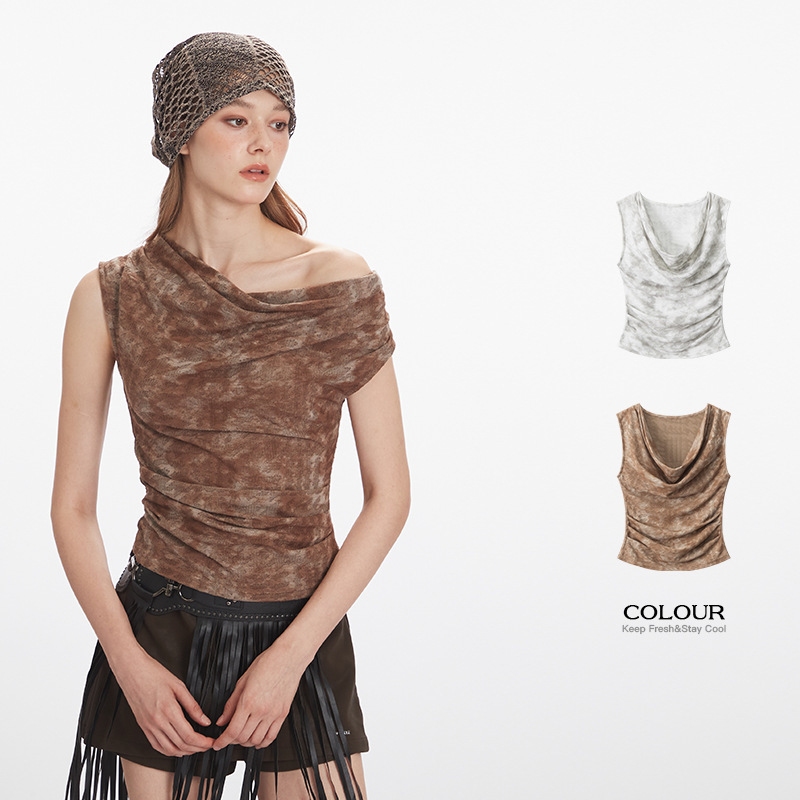 Heyhenry American Retro 2025 Summer Tie-Dye Swing Collar Short-Sleeved Vest Pleated Waist Slim Sleeveless Top