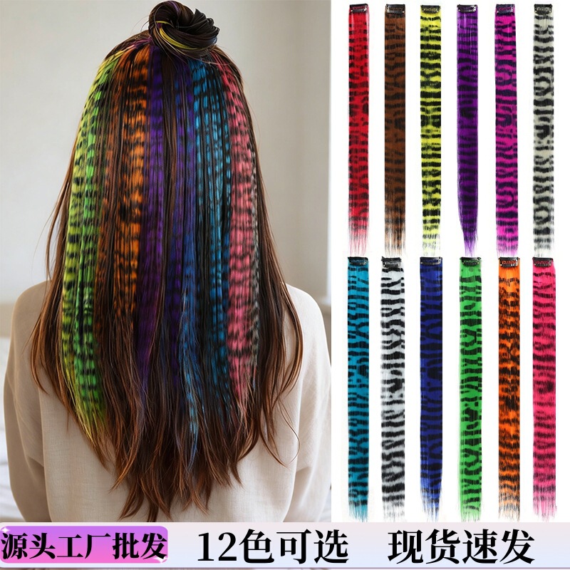 Cross-Border Wholesale Leopard Print Hair Clip-In Extensions, Leopard Print Ear-Hanging Feather Hair Dye, Hair Dye Pieces, Wigs for Women, 12 Colors Available