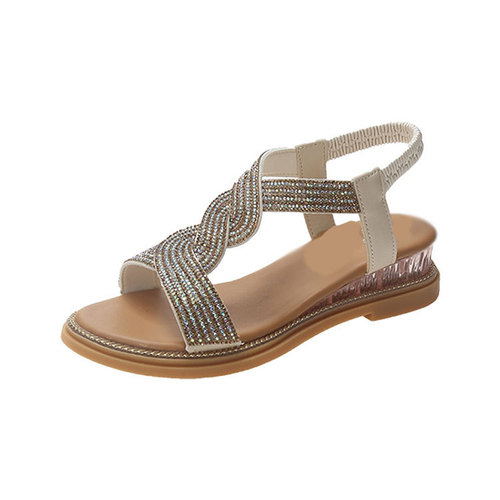 One-leg Roman sandals for women 2024 new flat sandals for women, fairy style, soft soles, comfortable wedge heels, rhinestone women's shoes