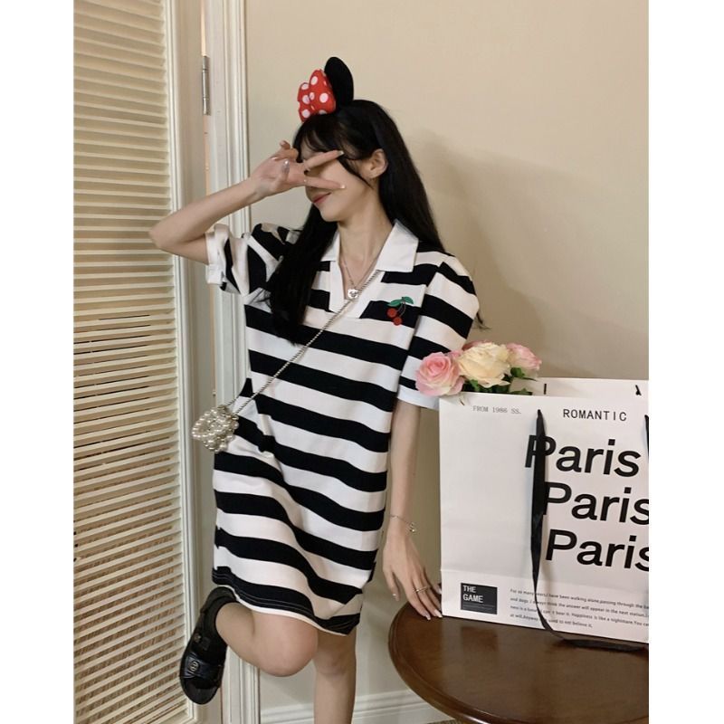 条纹短袖连衣裙女夏季新款小个子减龄POLO裙子休闲显瘦纯棉T恤裙