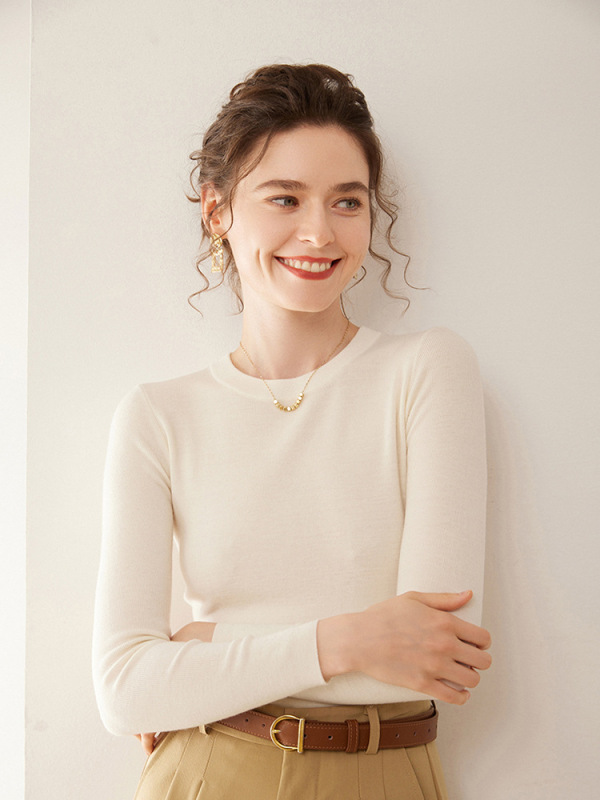 Autumn and Winter Round Neck Thick Worsted Four-Flat Cashmere Knitted Bottoming Shirt for Women with Long Sleeves, Warm and Soft Inside