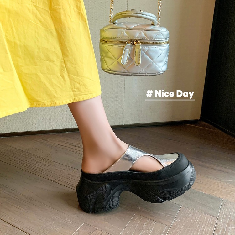 Dép sandal nữ da thật họa tiết da báo đế xuồng cao gót 9 cm — Trang chủ, màu đen, bạc chi tiết 64