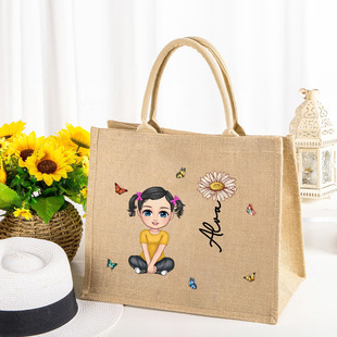 Personalized Cute Cartoon Character Large Capacity Jute Tote Bag with Zipper