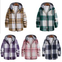 2024春秋新款格子长袖衬衫男韩版潮流连帽衬衫男休闲男装衬衣批发