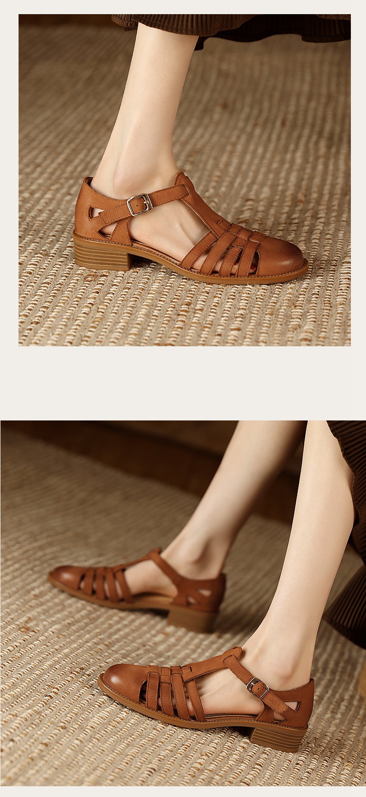 Sandal bít mũi da cừu phong cách La Mã quai chữ T dệt cho nữ — Màu caramel chi tiết 16