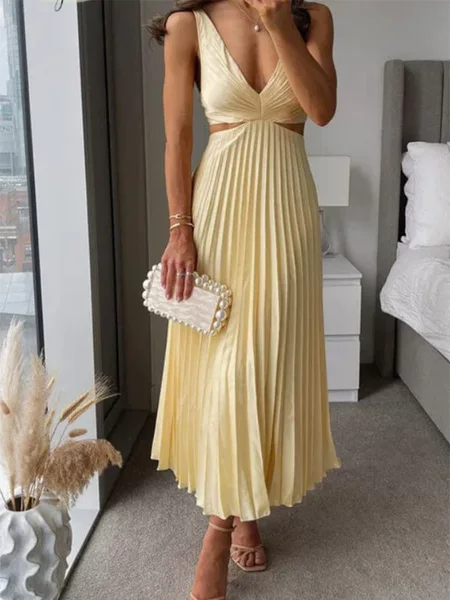 2024 New Summer Style Amazon Cross-Border European and American Elegant V Neck Sleeveless Cut Out Backless Pleated Dress