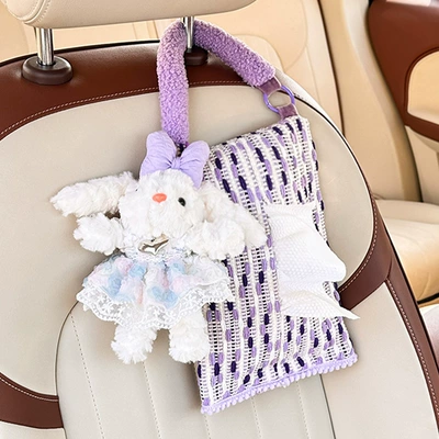 New Cute Doll Car Tissue Car tissue box/set - jacquard-yarn-dyed-hanging-tissue-box-with-tooth-edge-and-love-purple-long-eared-rabbit