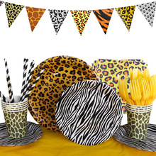 豹纹丛林现货生日派对装饰节庆用品纸盘纸巾拉旗气球刀叉勺布置