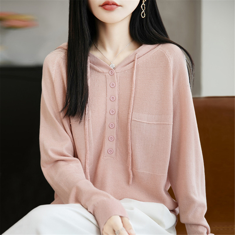 Gentle Style Light Pink Hooded Knitwear for Women in Autumn and Winter Long-Sleeved Single-Breasted Loose and Versatile Slimming Look Work Clothing Knitwear