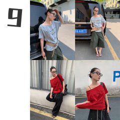 [9hour] レトロな一字斜め肩tシャツ女性2025夏のアルファベットプリントカジュアルなゆるい上着女性c7298