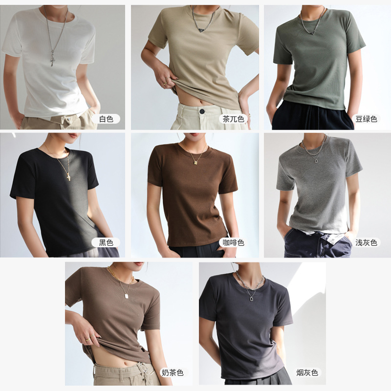 Selección estricta verano estilo coreano roscado Algodón color sólido hombro manga corta Camiseta de mujer suelta estilo simple parte superior de fondo image 5