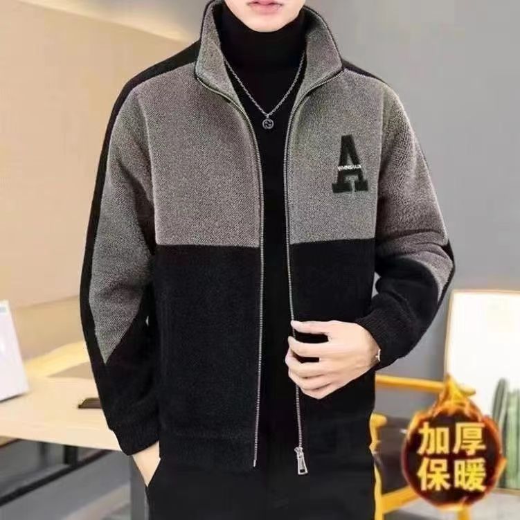 男士时尚高端拼色夹克新款春秋宽松立领呢子加厚抗寒外套源头供应