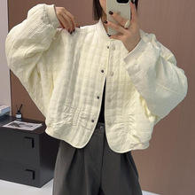 2025秋新款韩版时尚圆领灯笼袖菱形格薄棉短外套女宽松棒球服上衣