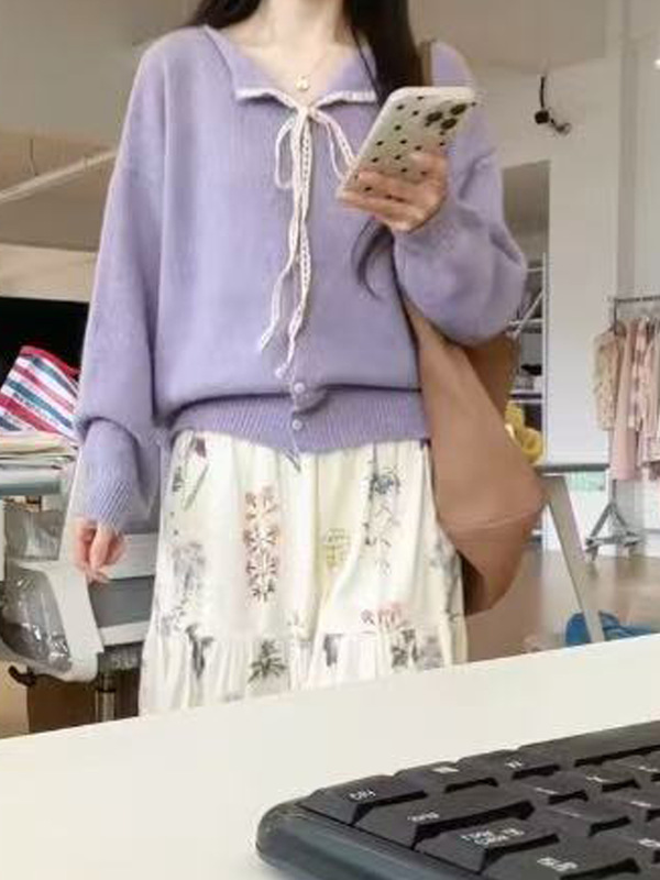 韩系甜美风软糯蝴蝶结蕾丝系带领毛衣开衫女秋冬款高级感软糯小衫|undefined
