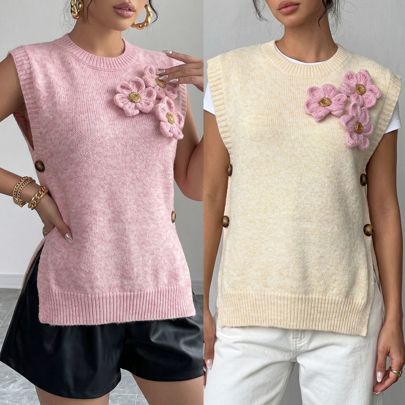 Wool knitted vest, round-neck pullover sweater, warm, with three-dimensional floral design, cross-border European and American style Wool knitted vest, round-neck pullover sweater, warm, with three-dimensional floral design, cross-border European and American style