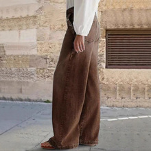 新款女士时尚多扣水洗宽松阔腿休闲牛仔裤高品质牛仔长裤