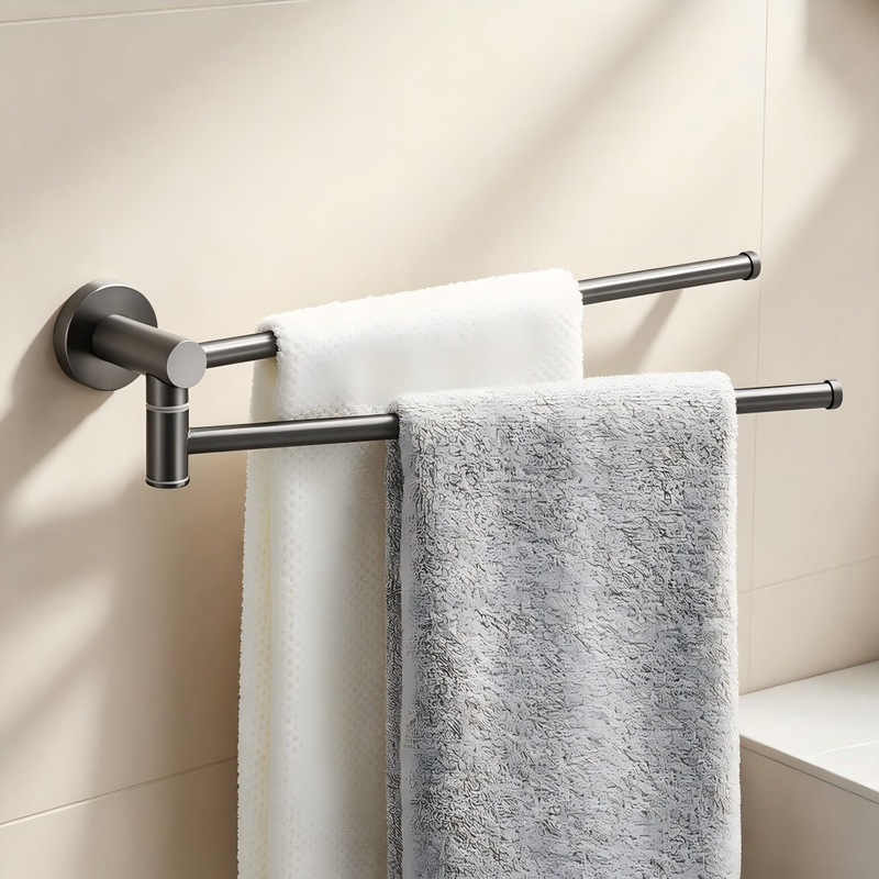 Gunmetal gray bathroom rotating towel rack, no-drill storage rack, wall-mounted stainless steel movable towel bar