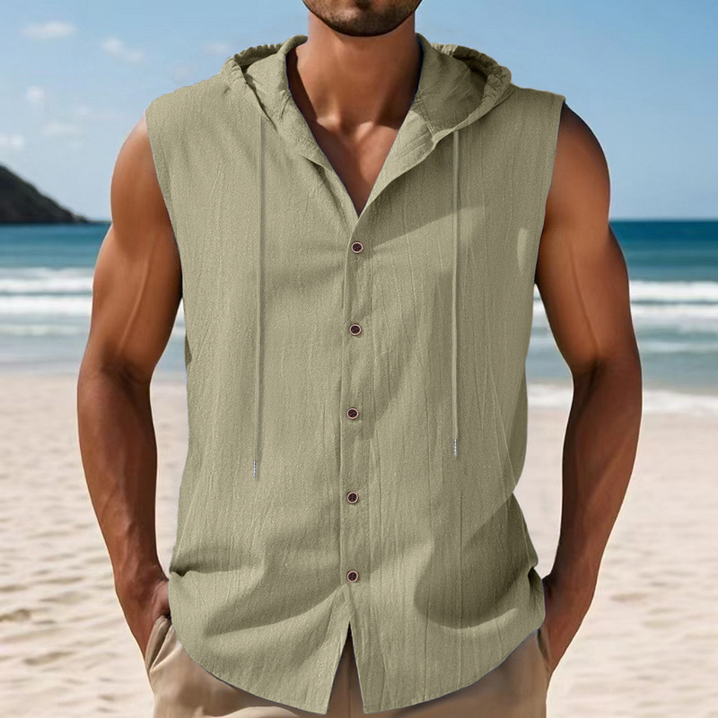 Nuevo transfronterizo Amazon nuevo estilo americano de verano hombre relajado casual lino sólido con capuchón camisa sin mangas