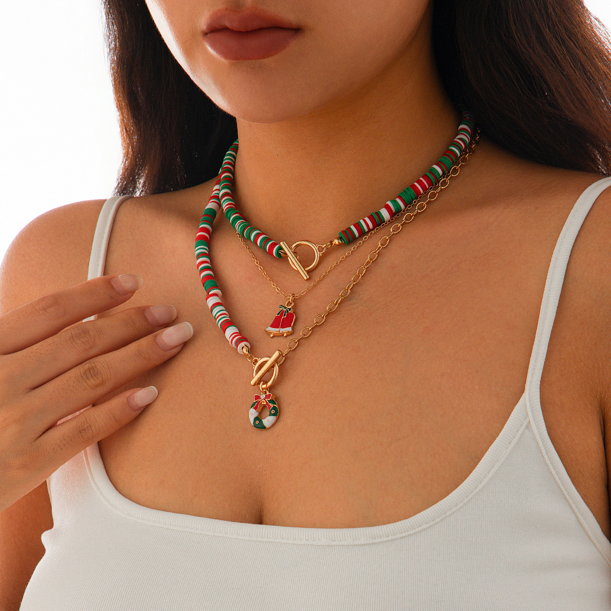 European And American Fashion Soft Pottery OT Buckle Alloy Necklace 3-piece Set Christmas Elderly Pendant Collarbone Chain_voghion.com