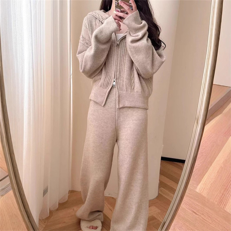 秋冬款时尚新品休闲连帽针织拉链开衫毛衣阔腿裤套装女宽松慵懒风|undefined