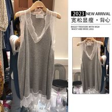 韩国东大门蕾丝边拼接无袖背心女胖mm300斤大码修身V领吊带外穿潮