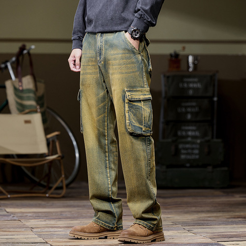 [Male 138] Exclusive Yellow Clay Color Multi-Pocket Workwear Jeans for Men Loose Straight Leg Durable Elastic