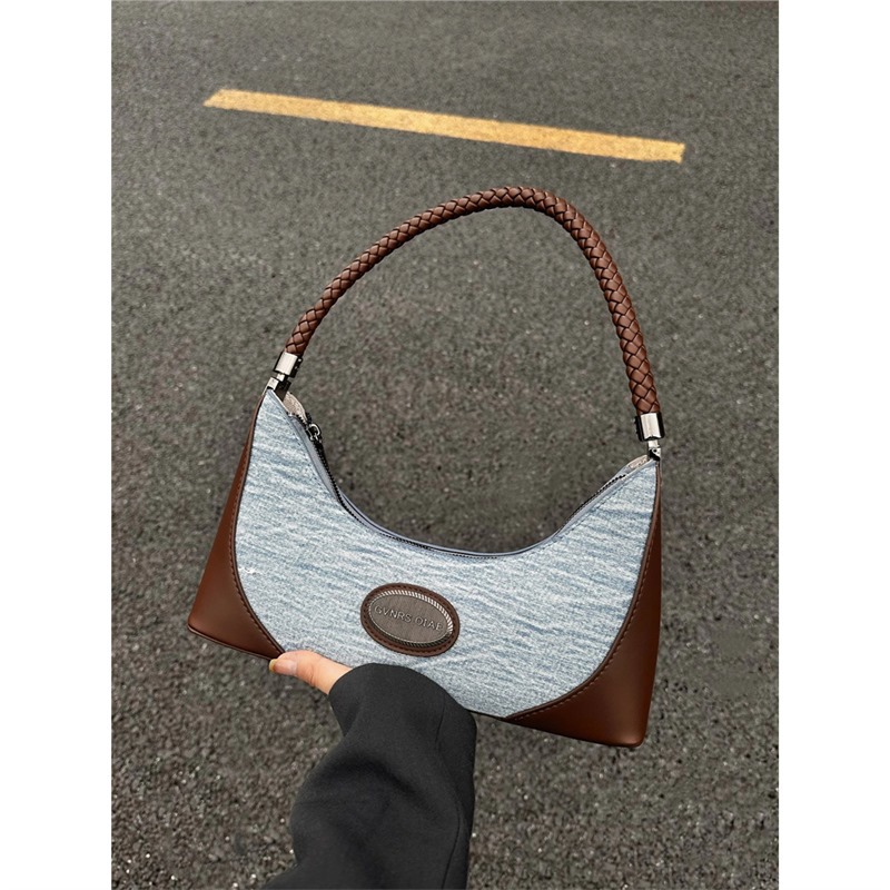 Denim Canvas Baguette Bag For Work Commute, Women's Single Shoulder Bag 2025 New Niche Design Handheld Underarm Bag - Thumbnail 2