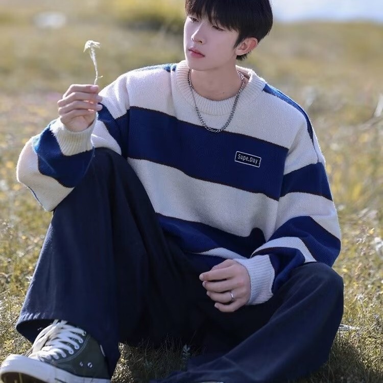 Striped contrast color sweater men's Spring and Autumn New Japanese retro lazy style loose casual sweater sweater sweater coat Striped contrast color sweater men's Spring and Autumn New Japanese retro lazy style loose casual sweater sweater sweater coat